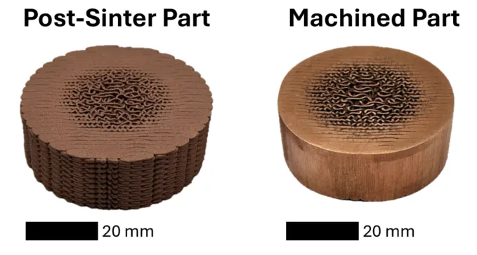 Copper foam cylinder after sintering and after machining, 20 mm scale bar