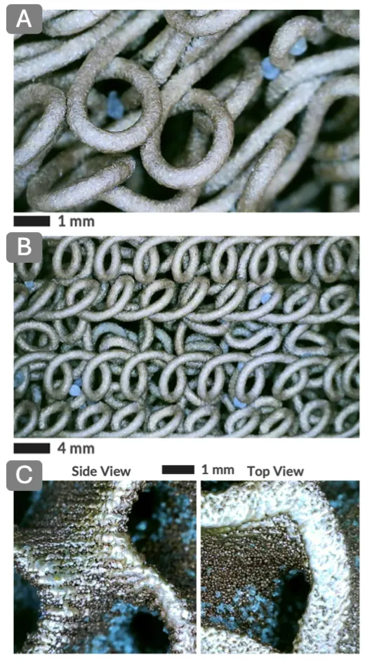 Close-up micrographs of sintered VTP metal foam struts and coils