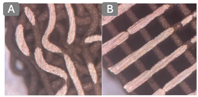 Side-by-side close-up of a coiled VTP foam lattice and a rectilinear printed lattice